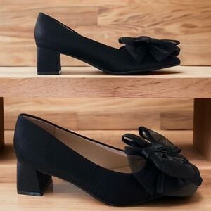 Elegant Black Organza Bow Classic Pump 2" Block Heel Pointed Toe Women's Shoes